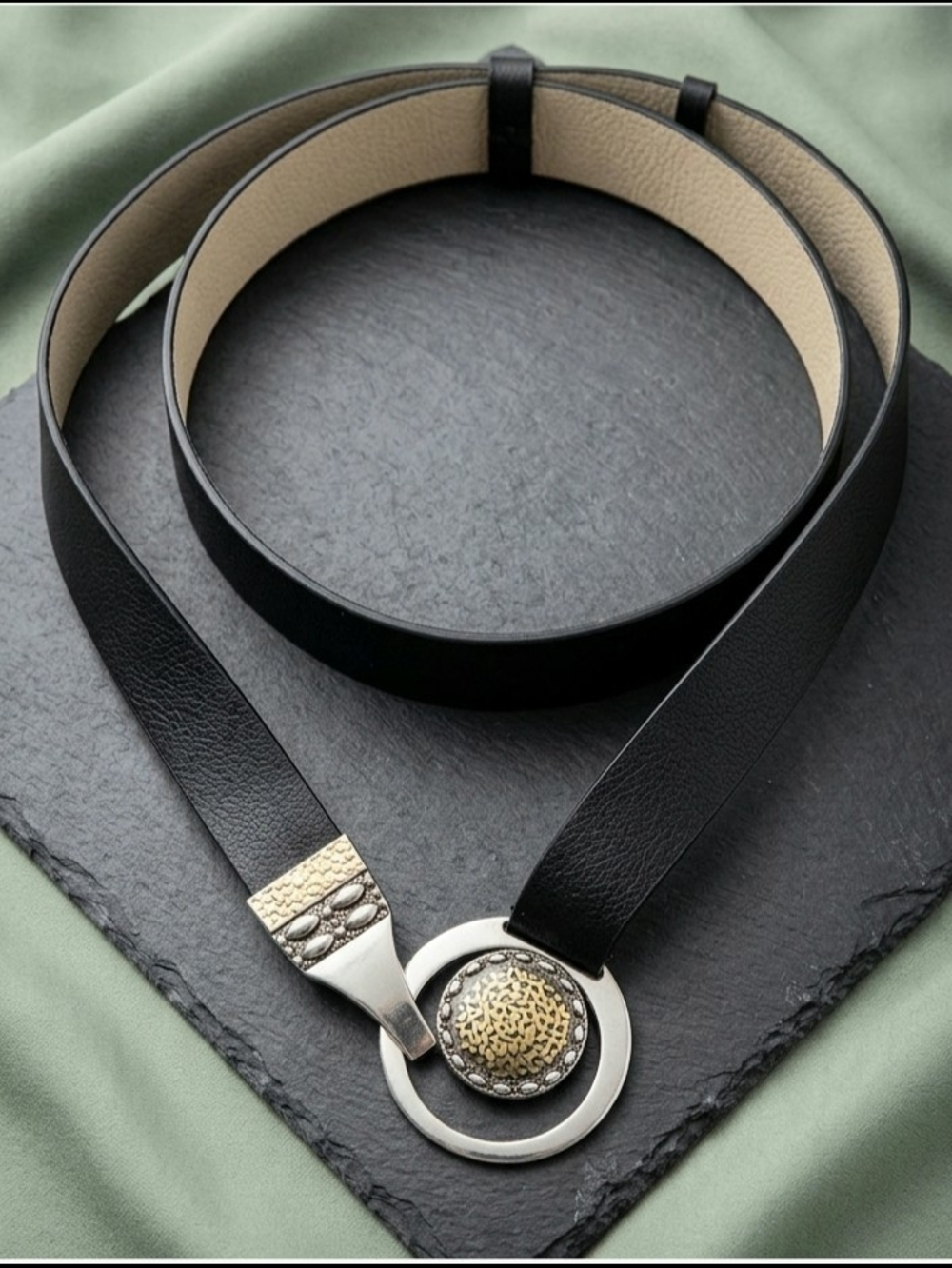 Vintage Chico's Adjustable Black Leather Belt with Ornate Gilded Buckle